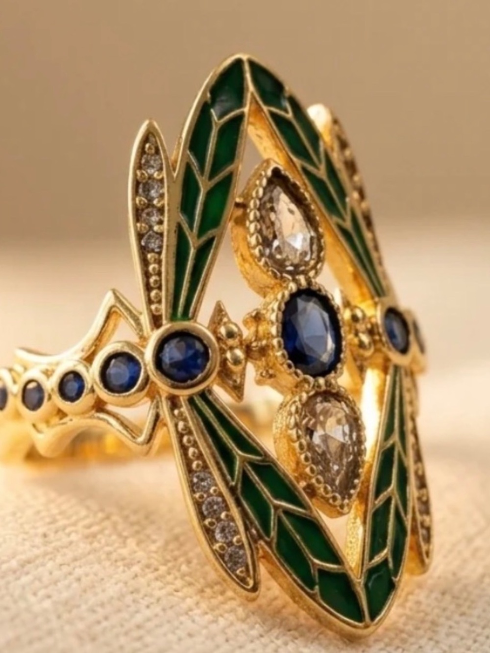 Vintage Art Nouveau Dragonfly Statement Ring | Emerald Green Enamel | New - Picture 4 of 9